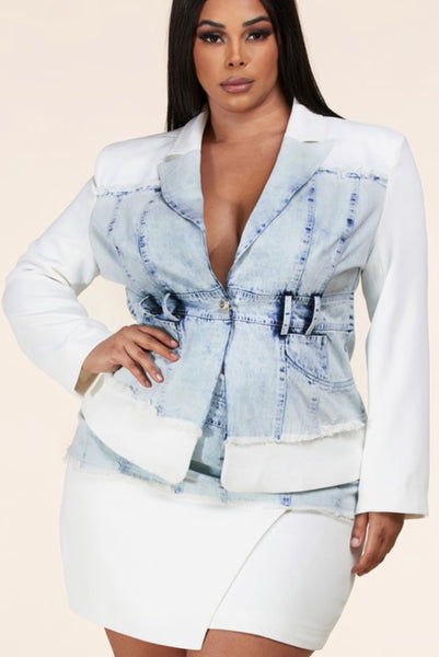 Ice Blue Denim Panel Blazer Skirt