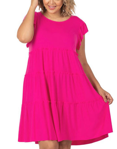 Dress fushia plus ruffle sleeve