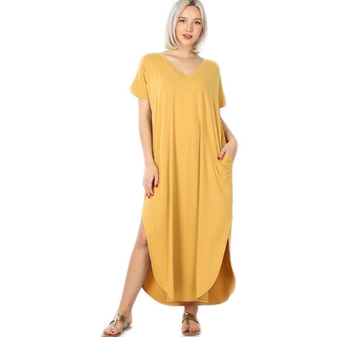 V Neck Maxi Dress Color Mustard With Pockets