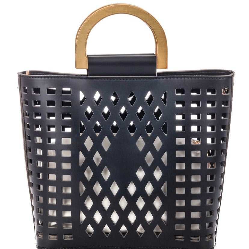 Black Square Faux Leather Cut Tote Bag