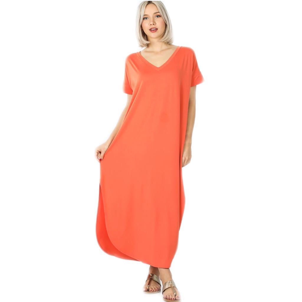 V Neck Maxi Dress Color Ash Copper With Pockets